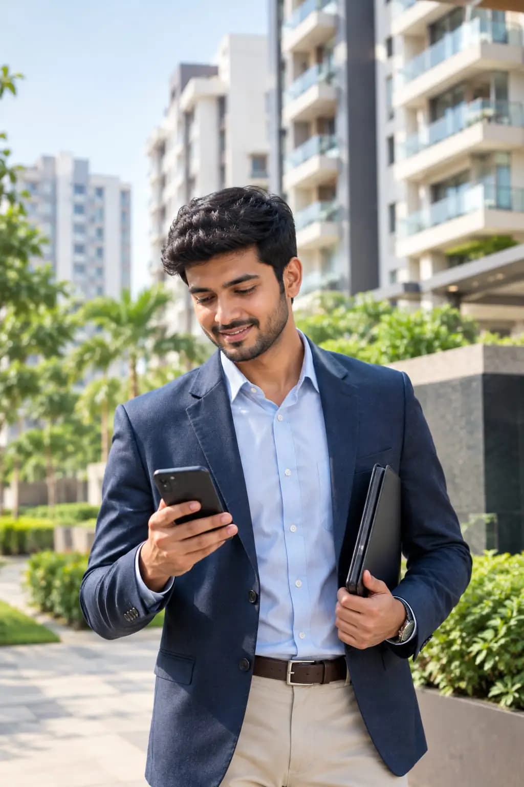 A salesperson checking a phone outside a residential project.