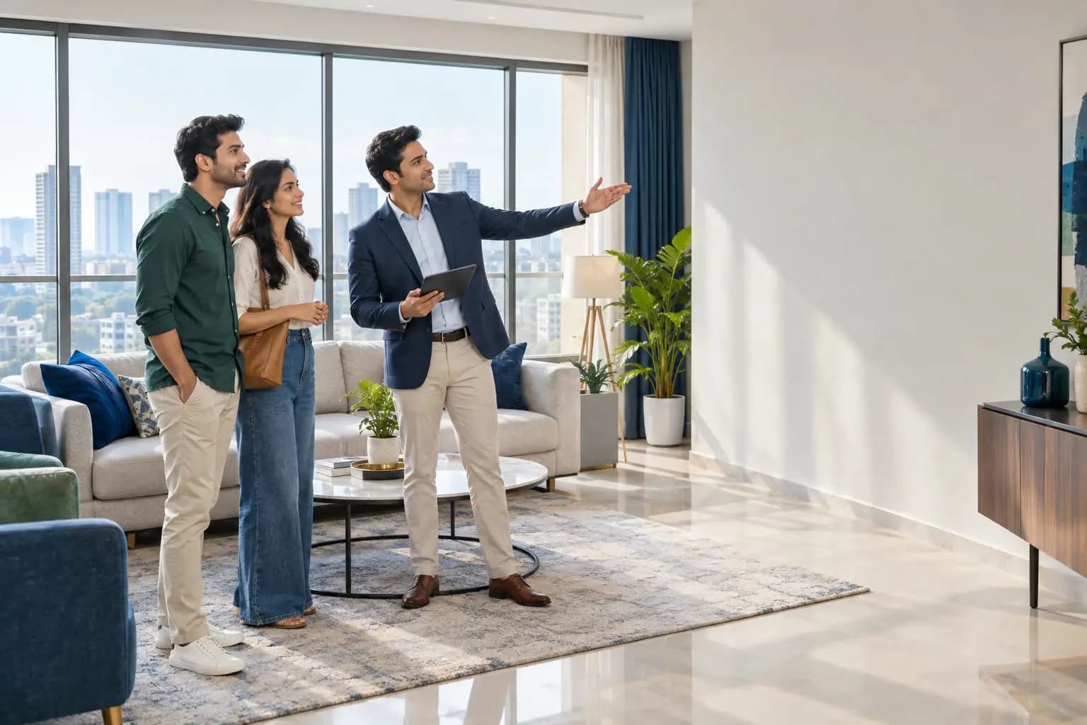A property consultant showing a bright new apartment to a couple.