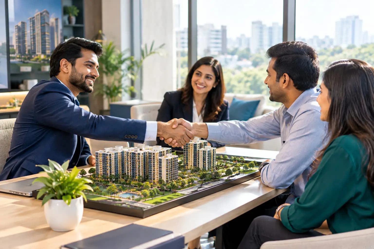 Two business partners shaking hands at a property sales office.
