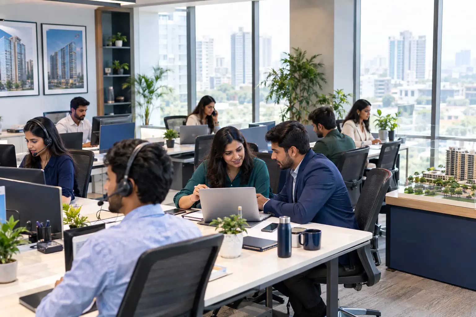 A real-estate agency team working together in a modern office.